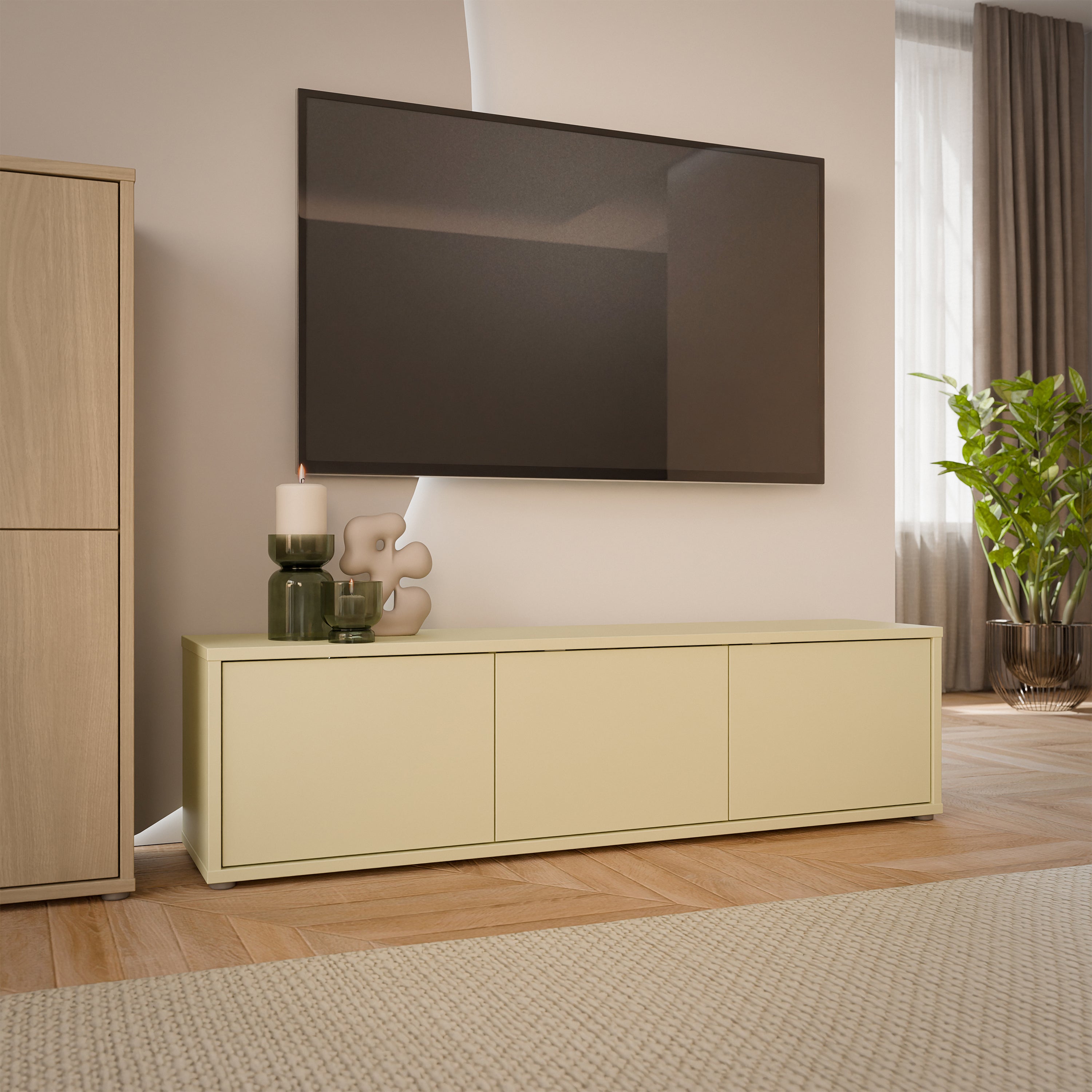 Alyson Wide TV Cabinet with 3 Doors Push-to-Open in Butter Yellow