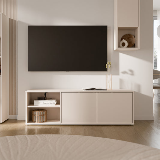 Alyson Wide TV Cabinet with 2 Doors Push-to-Open & 1 Open Shelf in Sand