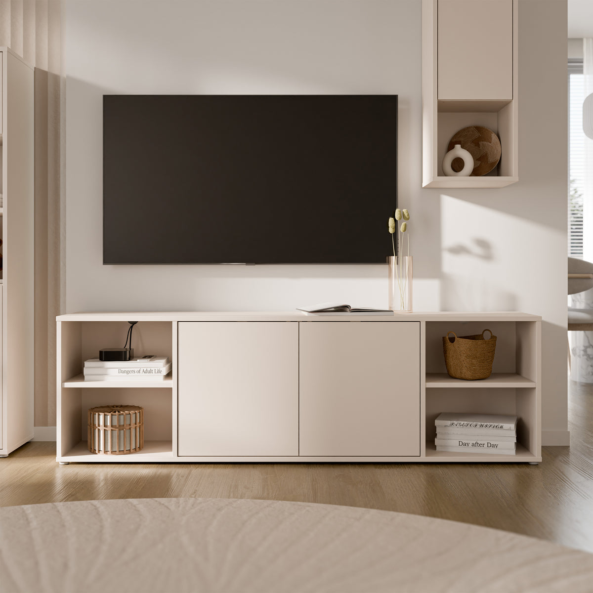 Alyson Wide TV Cabinet with 2 Doors Push-to-Open & 2 Open Shelves in Sand