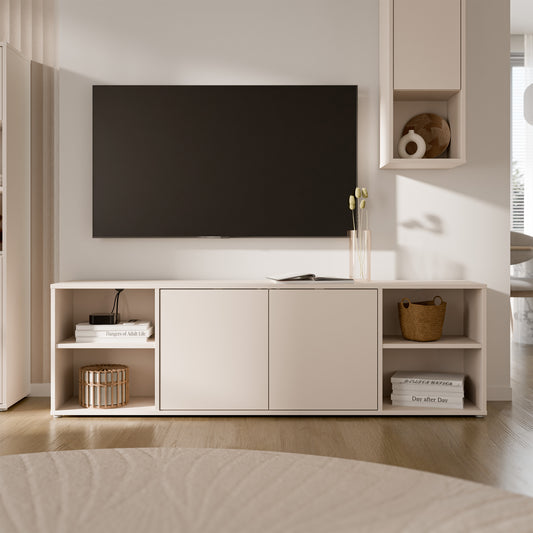 Alyson Wide TV Cabinet with 2 Doors Push-to-Open & 2 Open Shelves in Sand