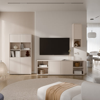 Alyson Wide TV Cabinet with 2 Doors Push-to-Open & 2 Open Shelves in Sand