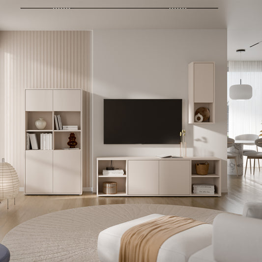 Alyson Wide TV Cabinet with 2 Doors Push-to-Open & 2 Open Shelves in Sand