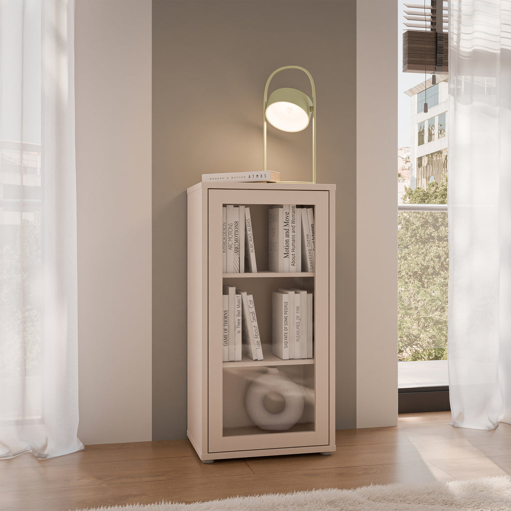 Alyson Low Glass Fronted Cabinet with Push-to-Open Door in Sand