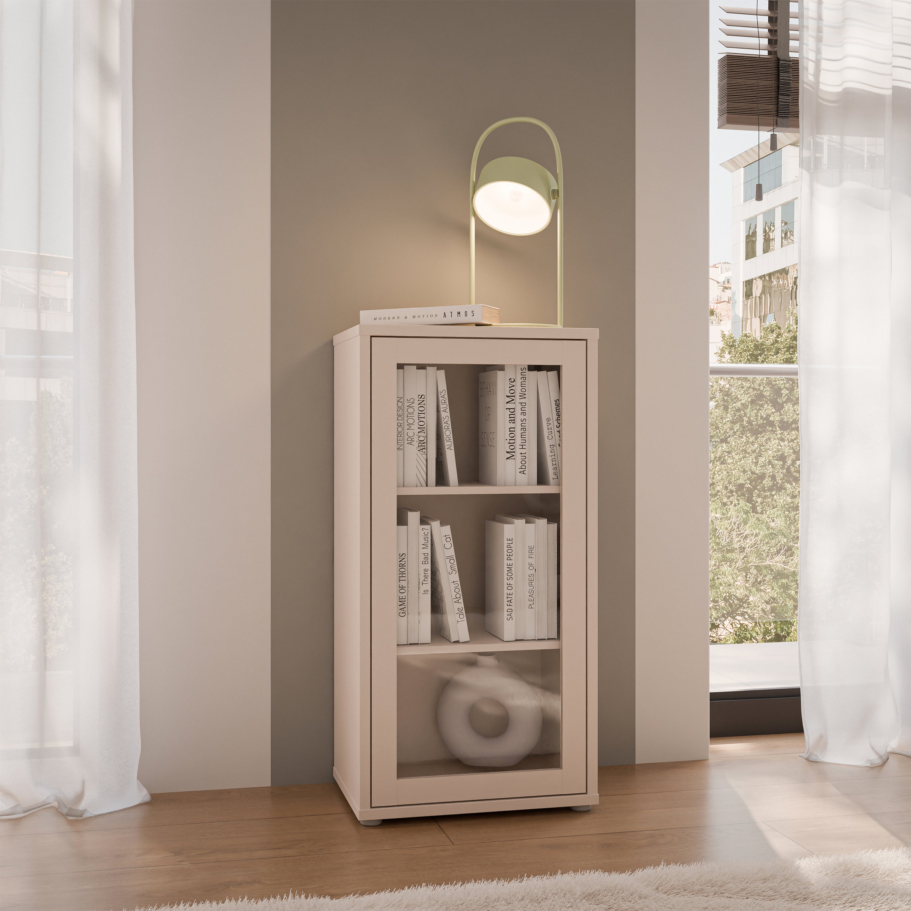 Alyson Low Glass Fronted Cabinet with Push-to-Open Door in Sand