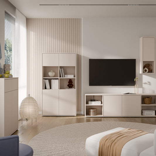 Alyson Wide Storage Cabinet 4 Doors Push-to-Open & 2 Central Shelves Sand