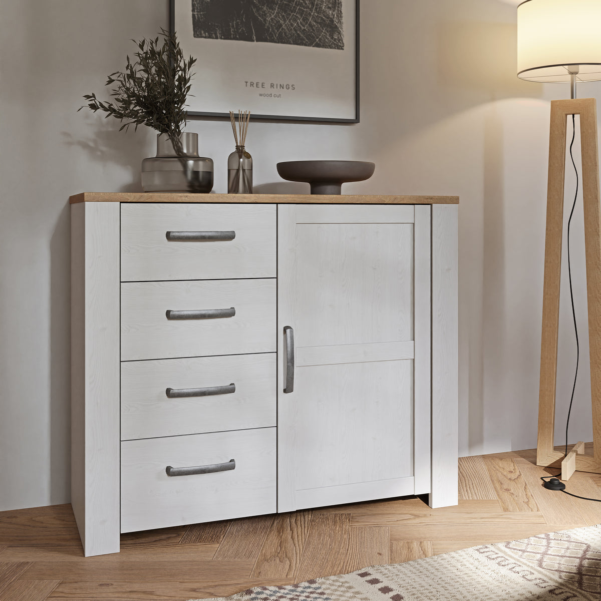 Balmoral 1 Door 4 Drawer Sideboard in Riviera Oak/White
