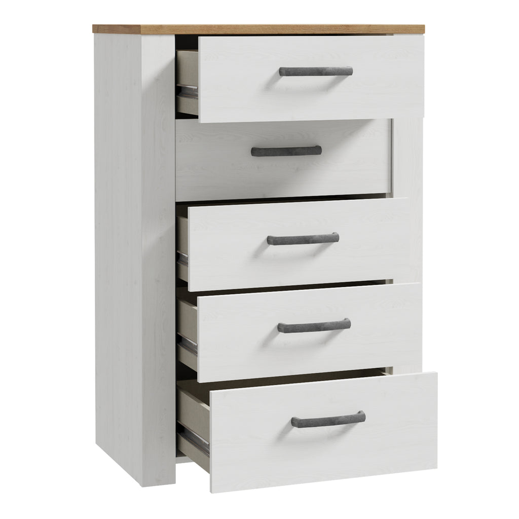 Balmoral 5 Drawer Narrow Chest in Riviera Oak/White