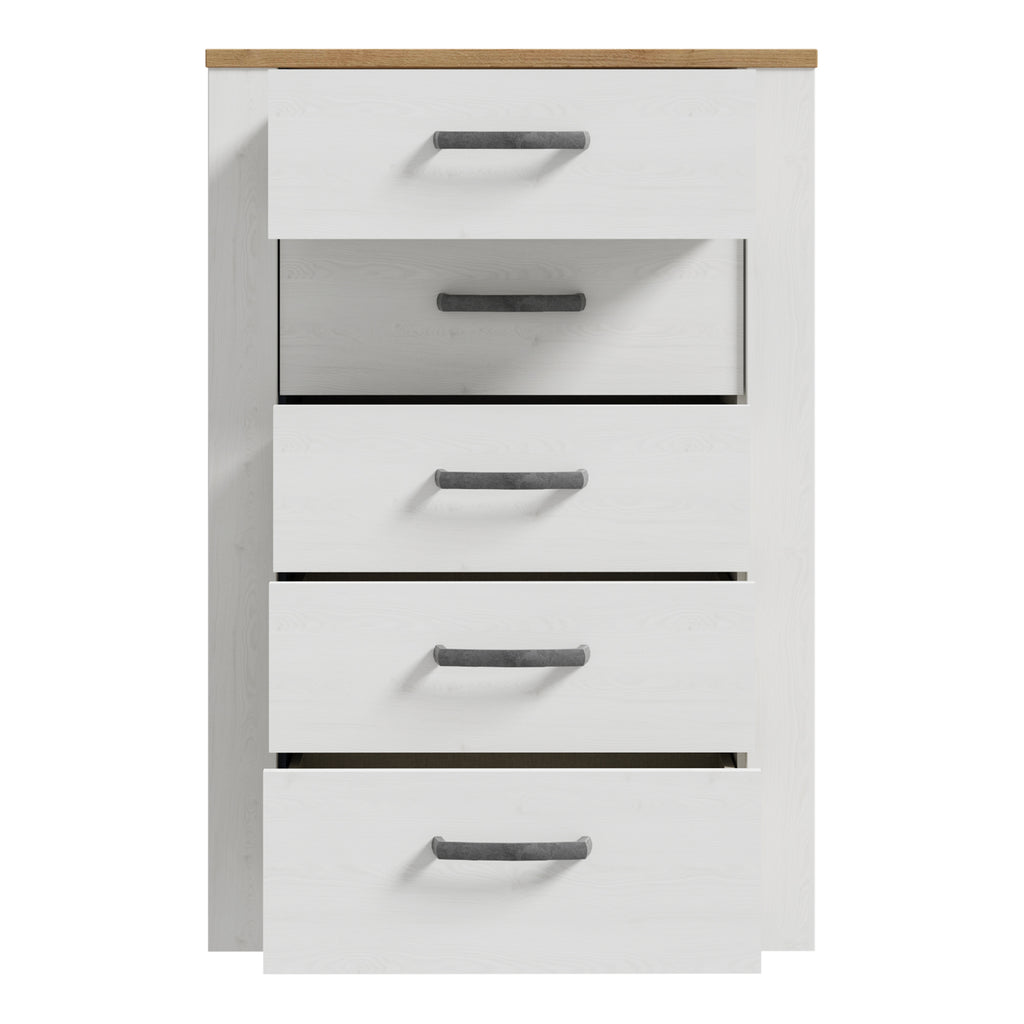 Balmoral 5 Drawer Narrow Chest in Riviera Oak/White