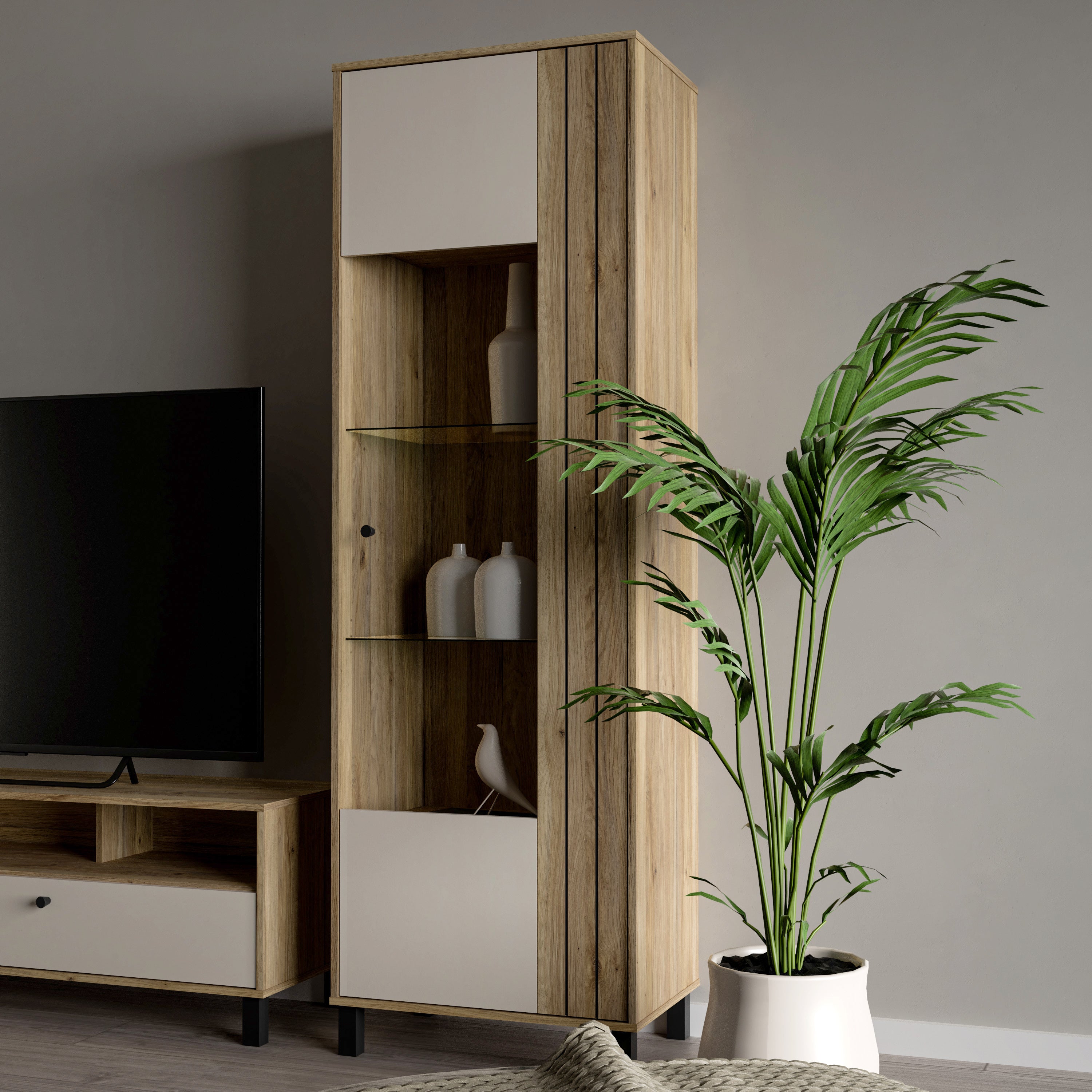 Grayson Glass Door Display Cabinet in Cream and Oak
