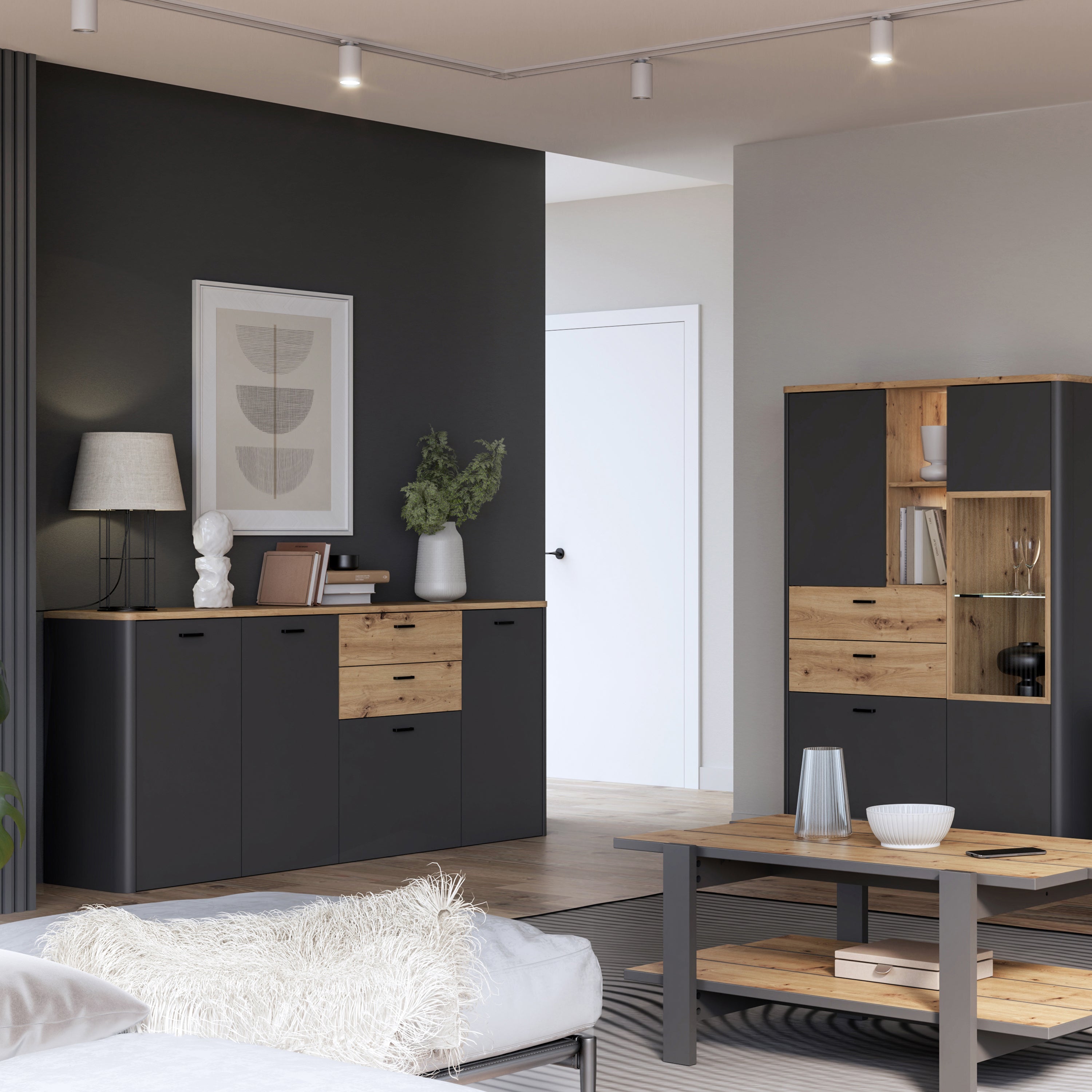 Karis 4 Door 2 Drawer Sideboard in Grey and Oak