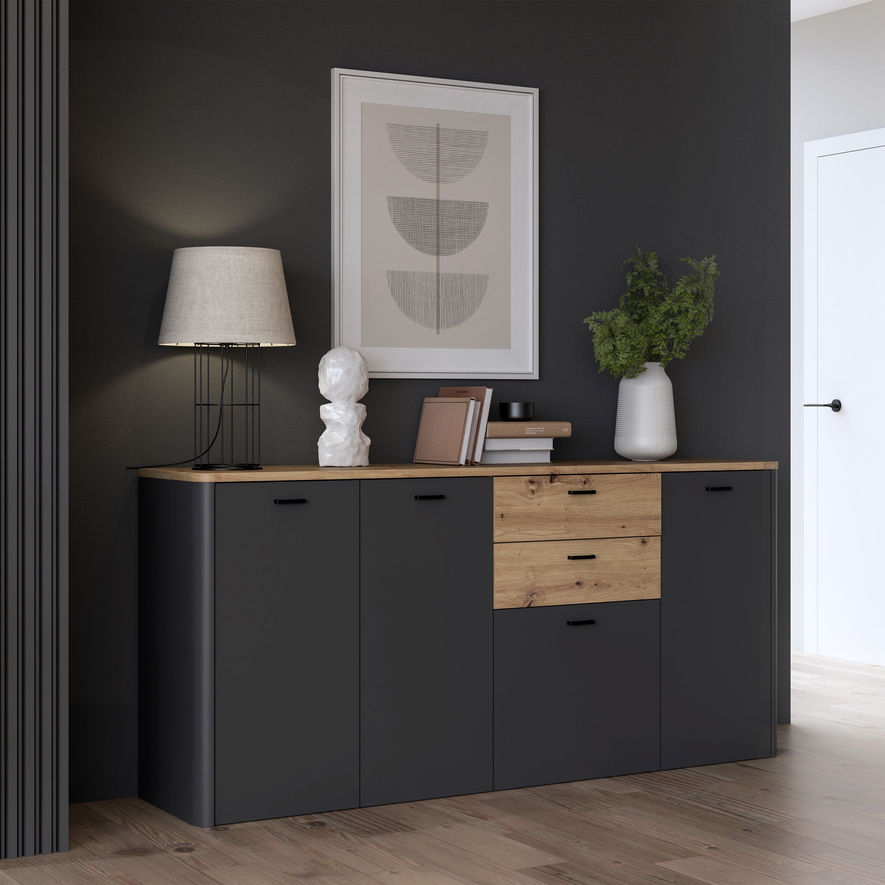 Karis 4 Door 2 Drawer Sideboard in Grey and Oak