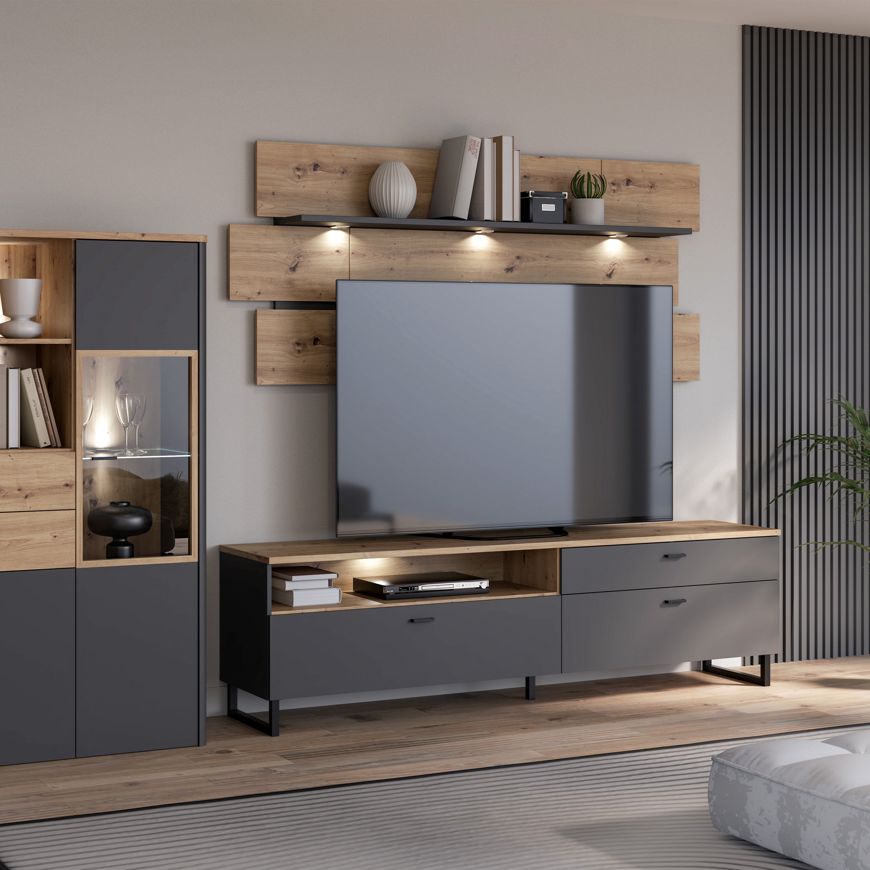Karis TV Unit with 1 Drawer 2 Flip Doors in Grey and Oak inc LED Lighting