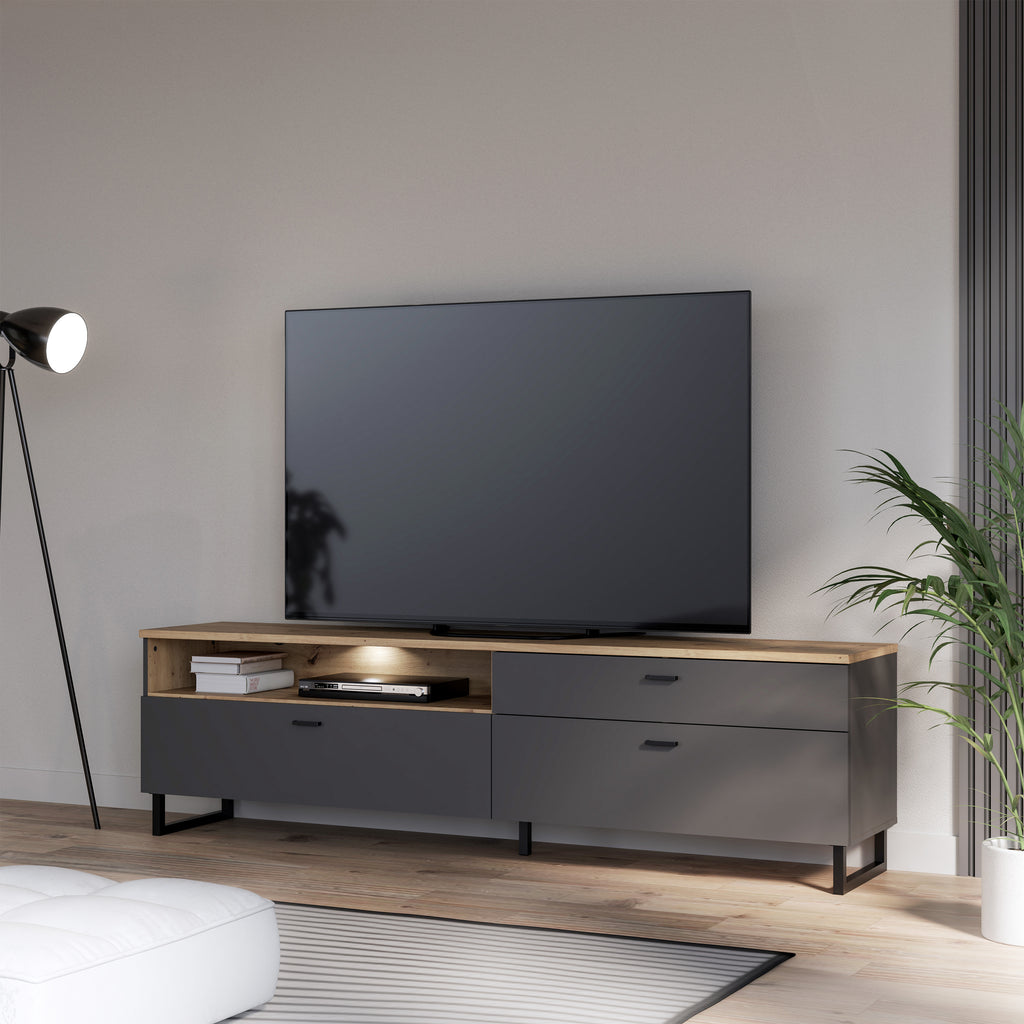 Karis TV Unit with 1 Drawer 2 Flip Doors in Grey and Oak inc LED Lighting