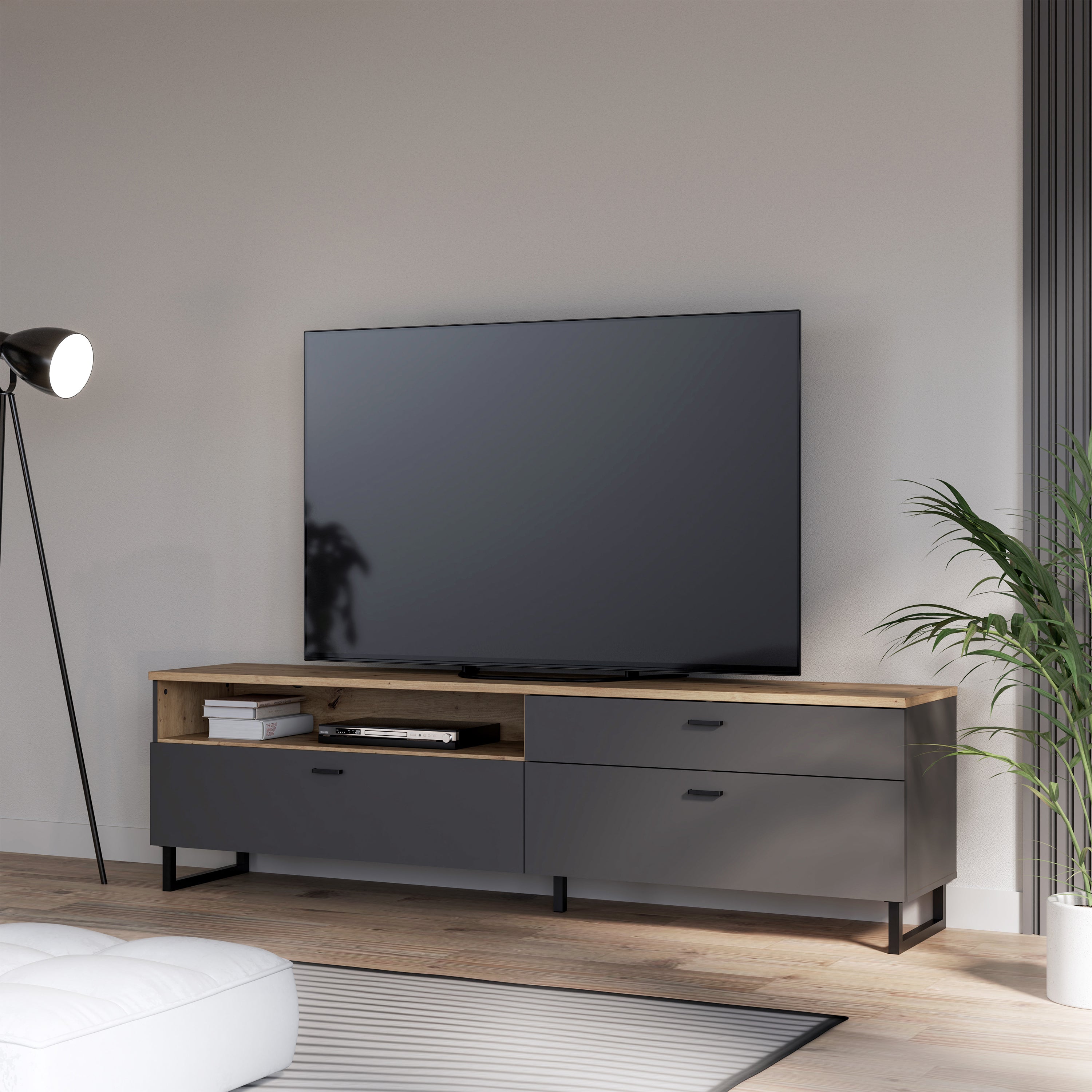 Karis TV Unit with 1 Drawer 2 Flip Doors in Grey and Oak