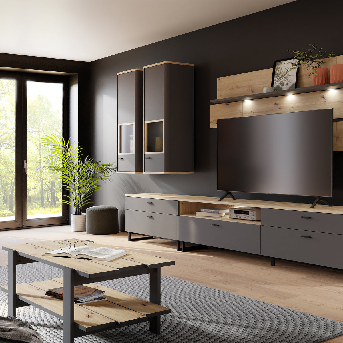 Karis Display Cabinet with 1 Glass Door in Grey and Oak inc LED Lighting