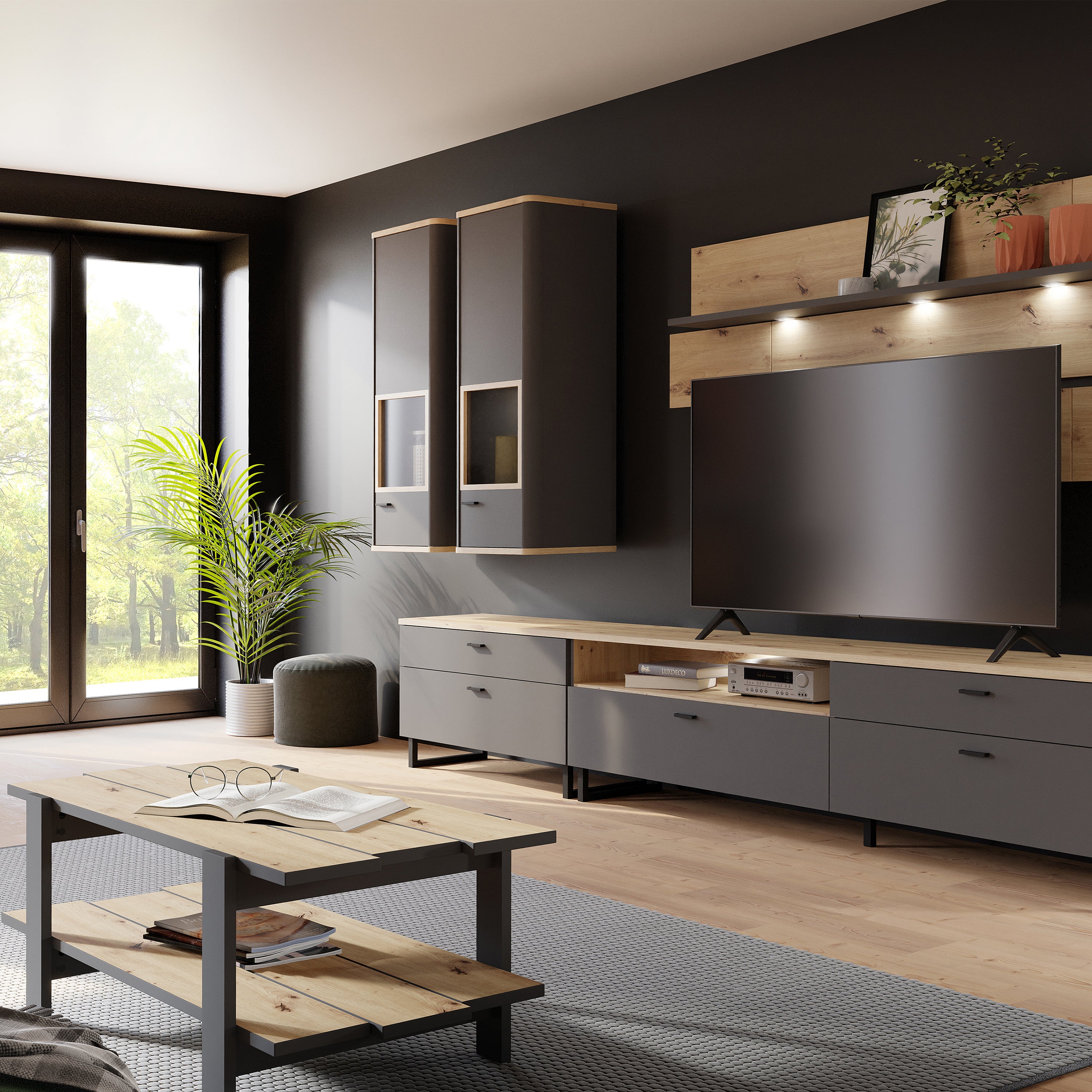 Karis Display Cabinet with 1 Glass Door in Grey and Oak inc LED Lighting