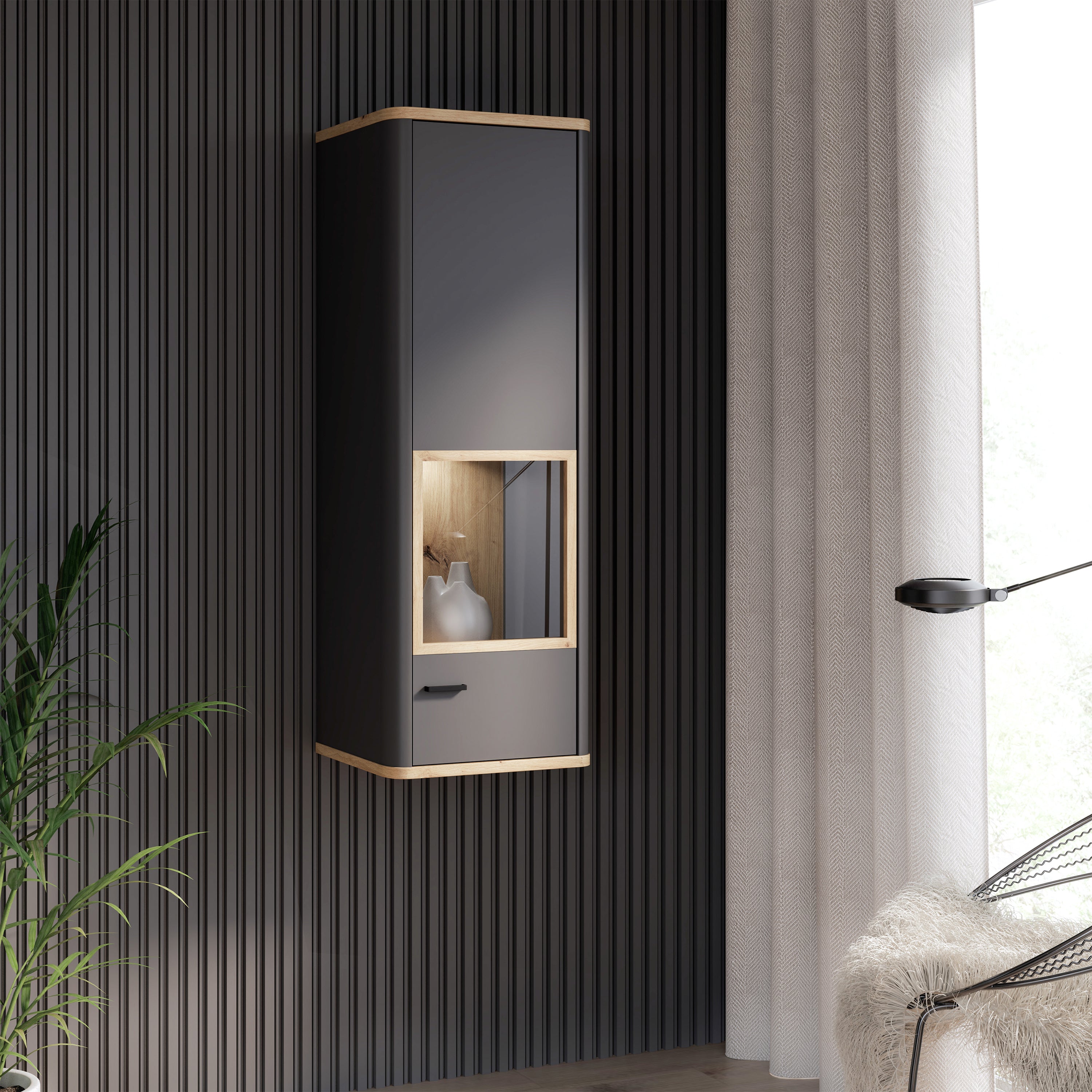 Karis Display Cabinet with 1 Glass Door in Grey and Oak inc LED Lighting