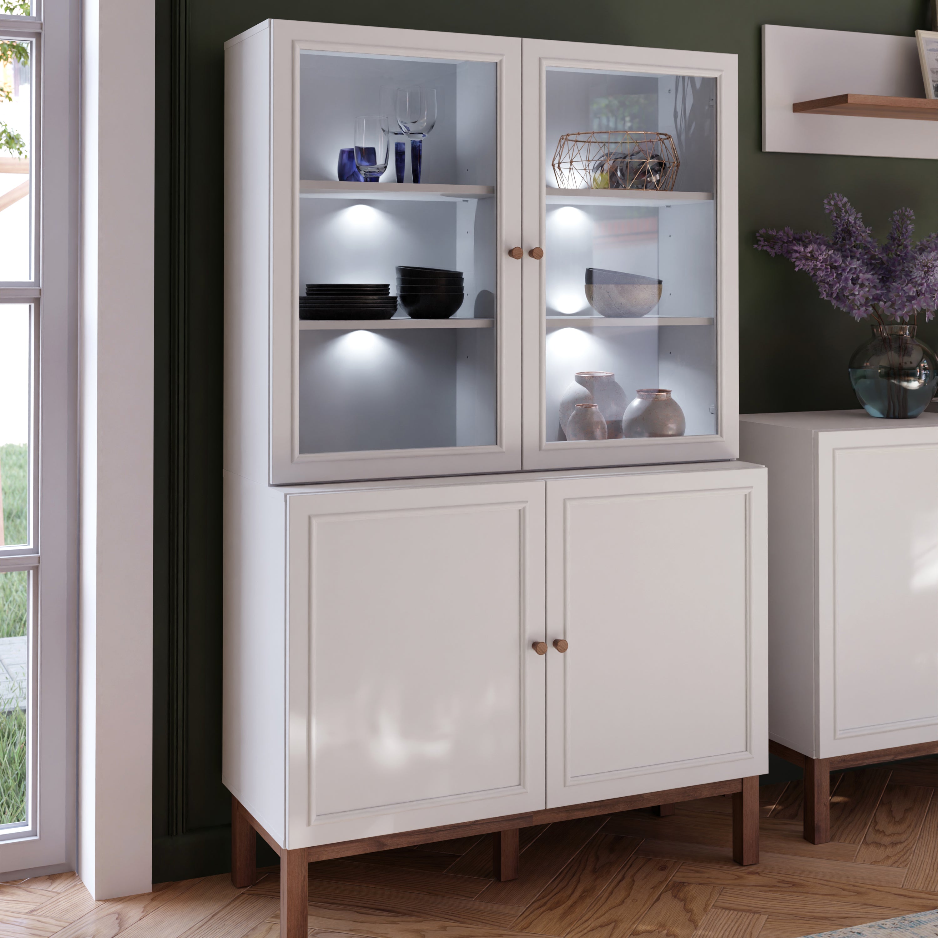 Woodland Glass Display Cabinet - Light Grey and Oak (inc LED Lighting)