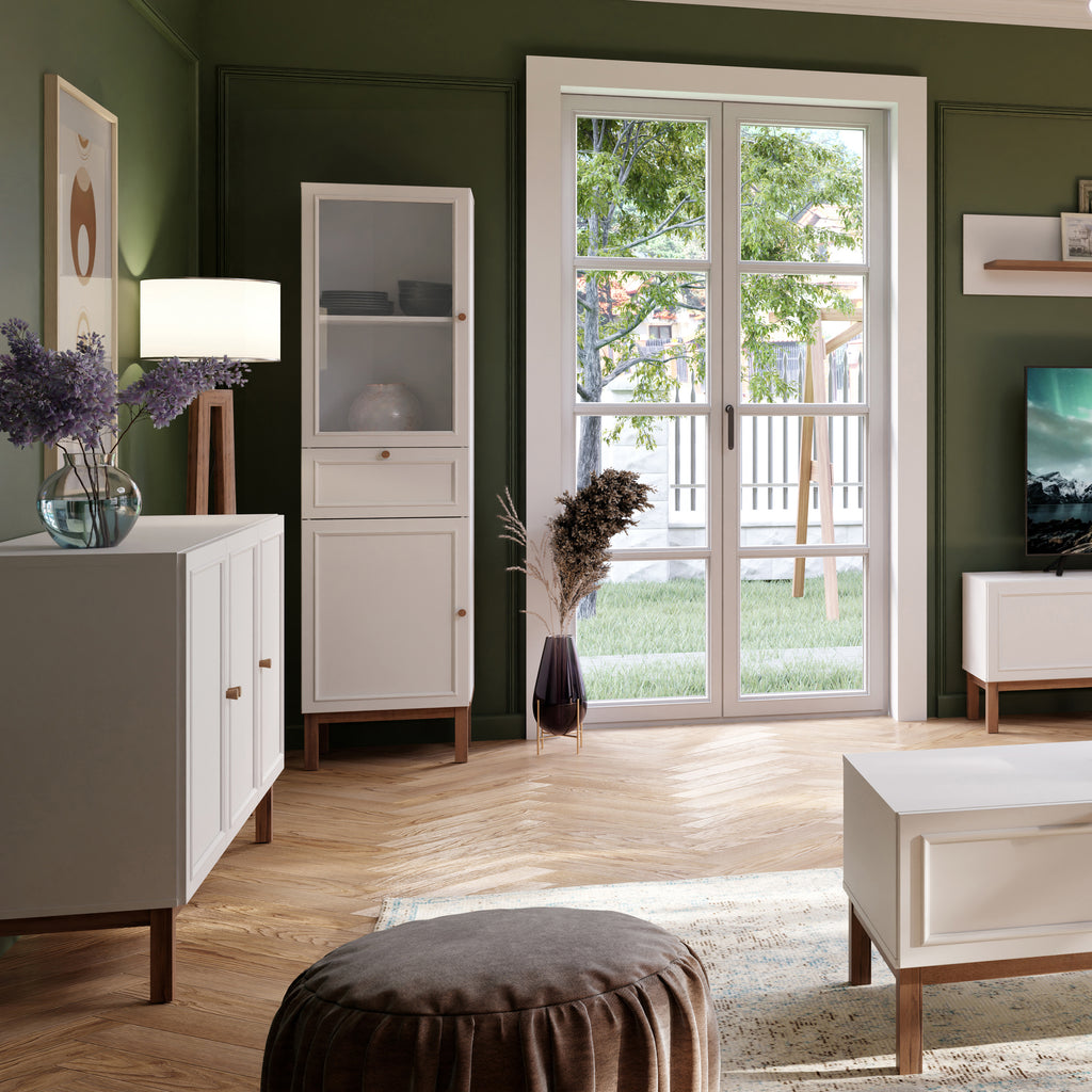 Woodland 1 Door Glass Display Cabinet - Light Grey and Oak inc LED Lighting
