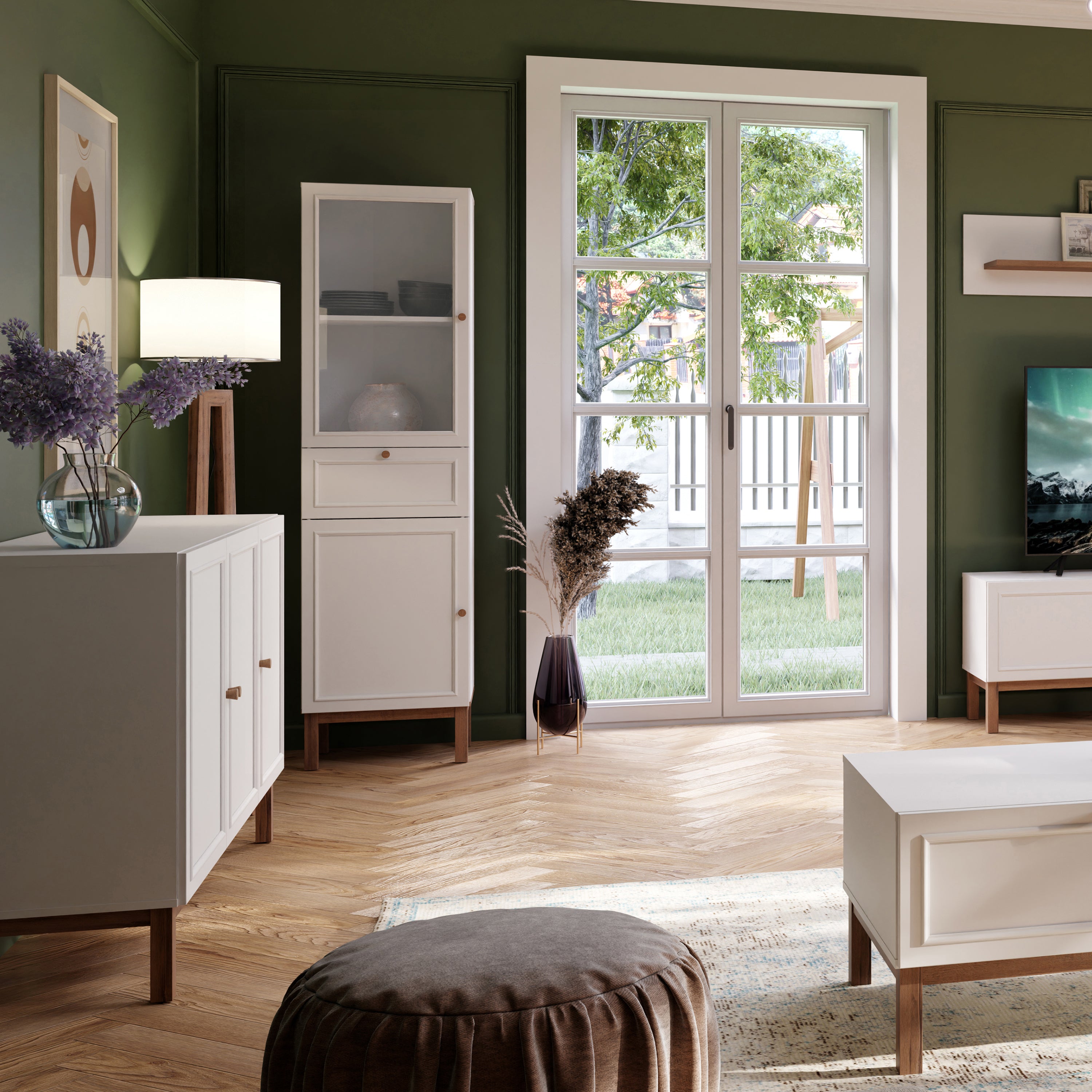 Woodland 1 Door Glass Display Cabinet - Light Grey and Oak inc LED Lighting