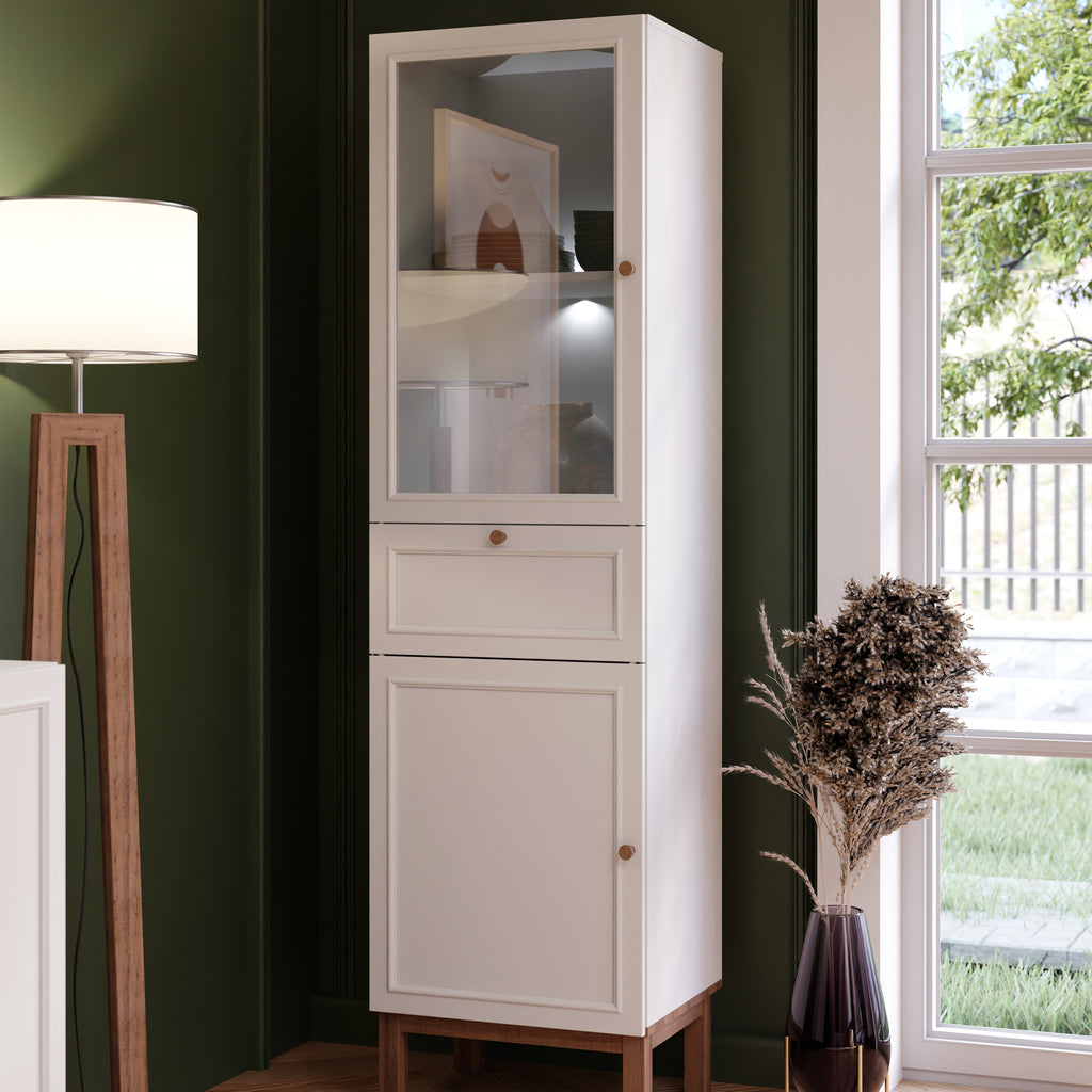 Woodland 1 Door Glass Display Cabinet - Light Grey and Oak inc LED Lighting