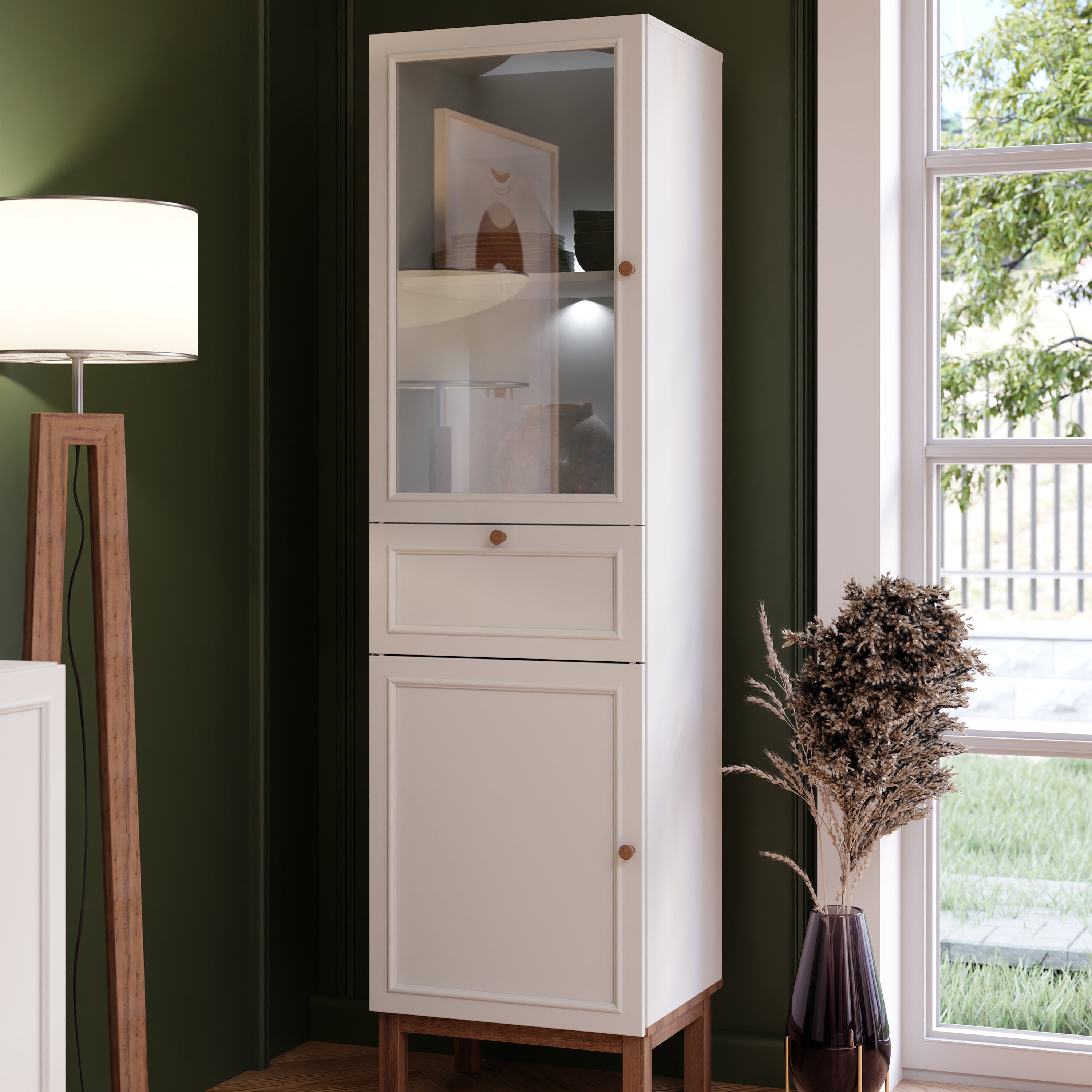 Woodland 1 Door Glass Display Cabinet - Light Grey and Oak inc LED Lighting