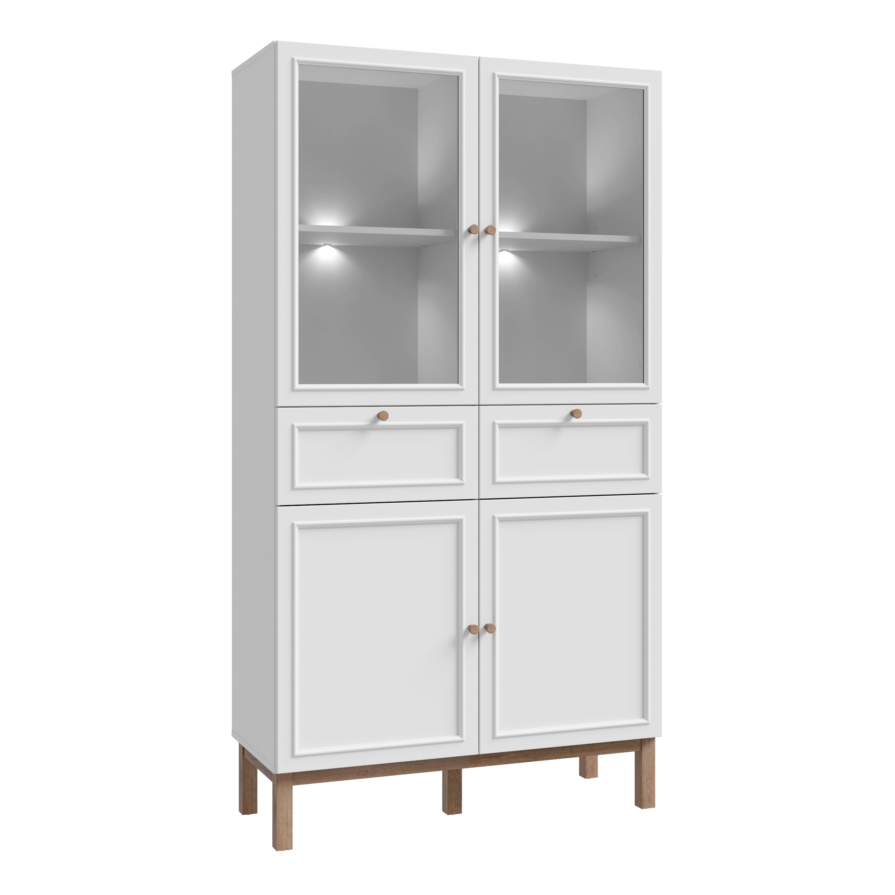 Woodland 2 Door/ 2 Drawer Glass Display Cabinet - Light Grey and Oak (inc LED Lighting)
