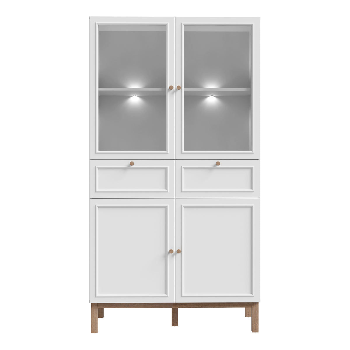 Woodland 2 Door/ 2 Drawer Glass Display Cabinet - Light Grey and Oak (inc LED Lighting)