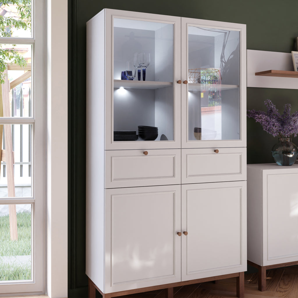 Woodland 2 Door/ 2 Drawer Glass Display Cabinet - Light Grey and Oak (inc LED Lighting)