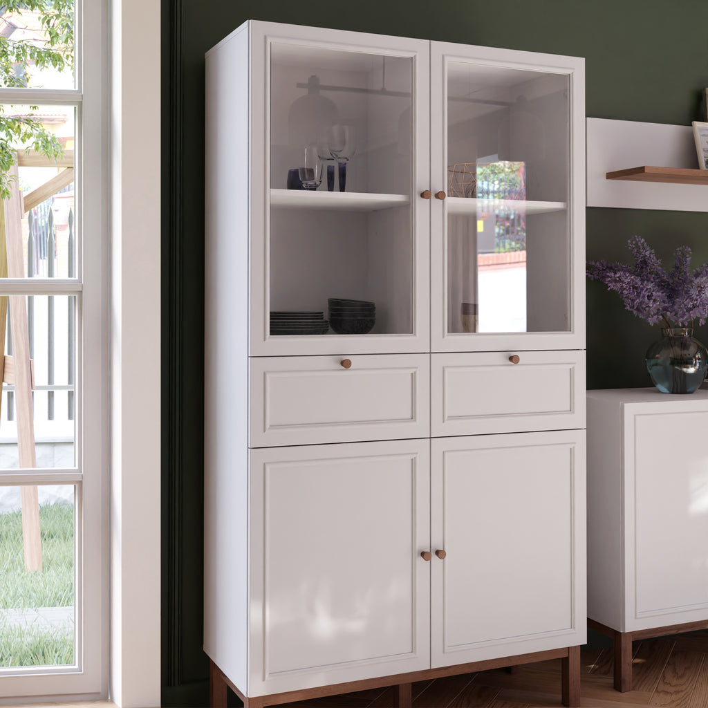 Woodland 2 Door/ 2 Drawer Glass Display Cabinet in Light Grey and Oak