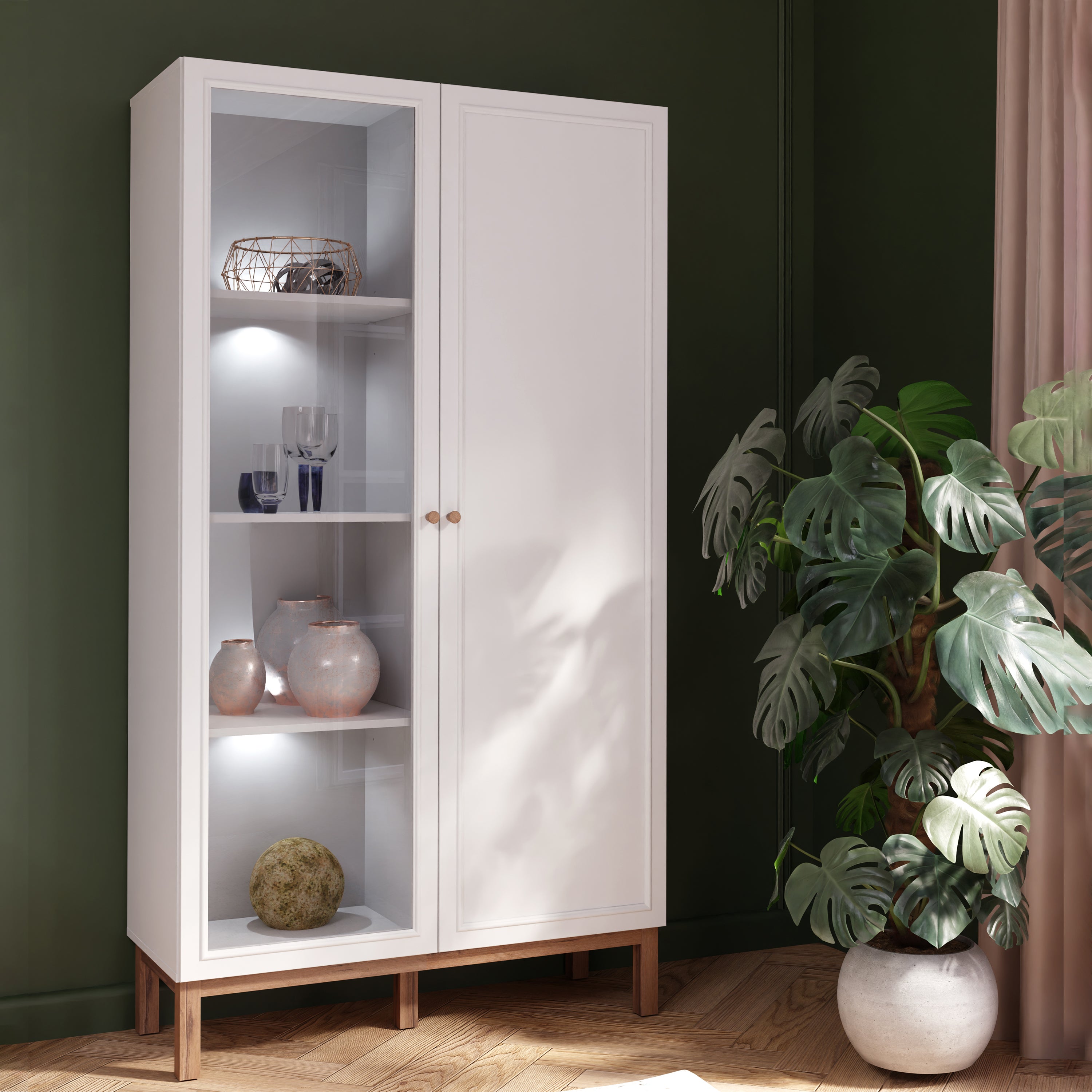 Woodland 1 Door Glass Display Cabinet - Light Grey and Oak (inc LED Lighting)