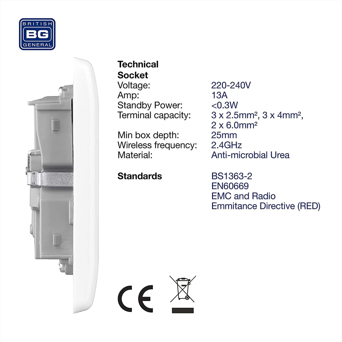 British General Slim Nexus Double Switched 13A Power Socket + Smart Home Control - White