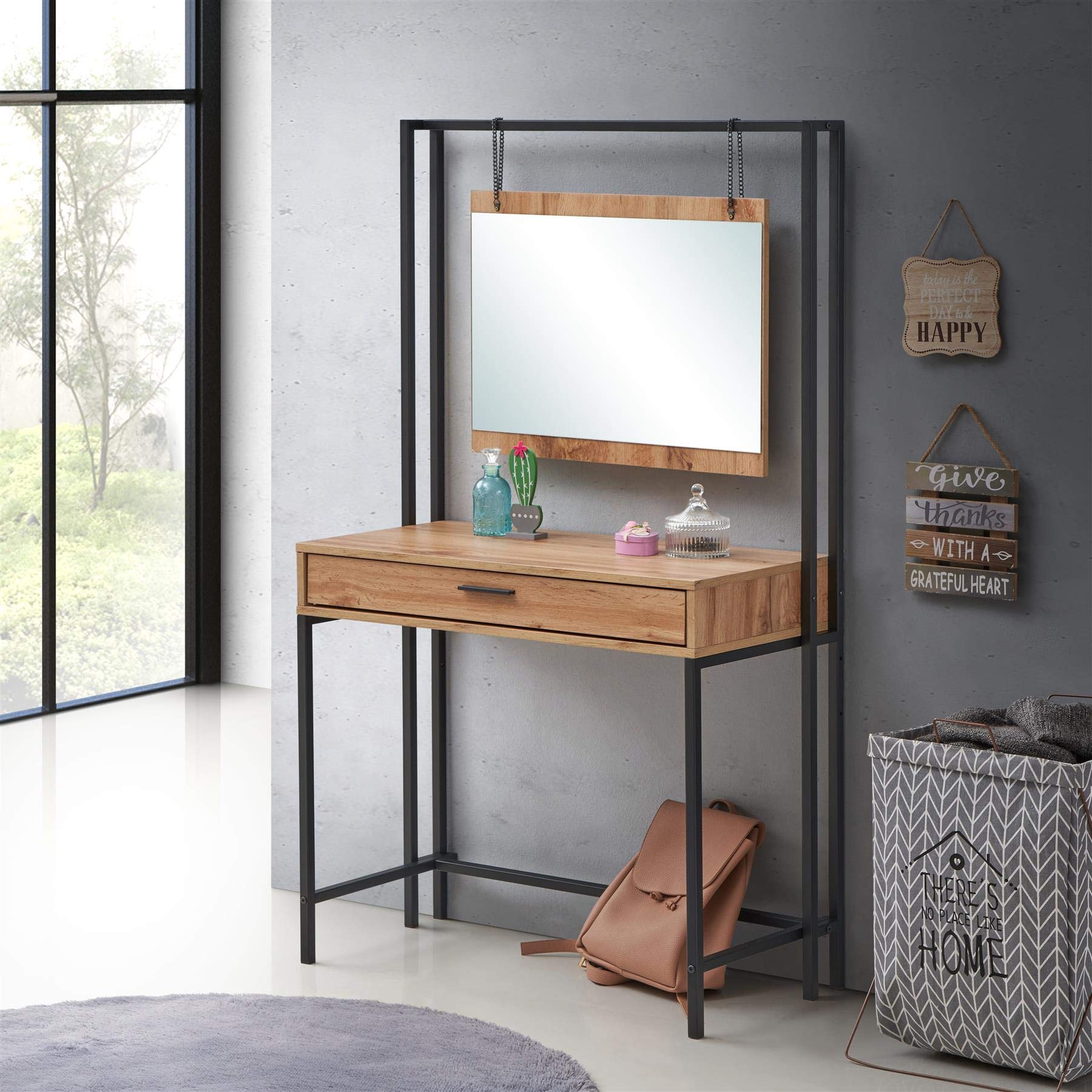 Zahra Dressing Table Vanity Makeup Table Set with Mirror & Drawer Rustic Wotan Oak Effect