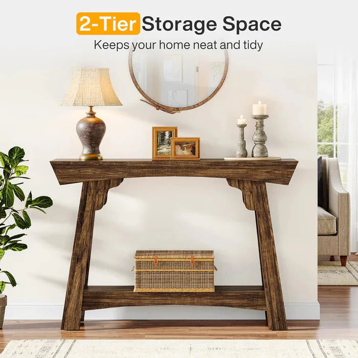 2-Tier Wood Entryway Table with Shelf with Storage, Farmhouse Narrow Sofa Table