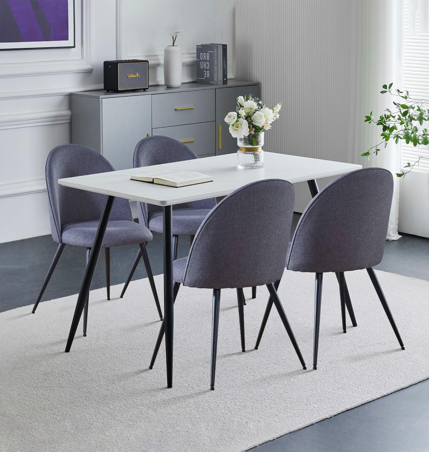 Cullompton Dining Set with 4 Chairs - White Marble Effect Table and Grey Chairs