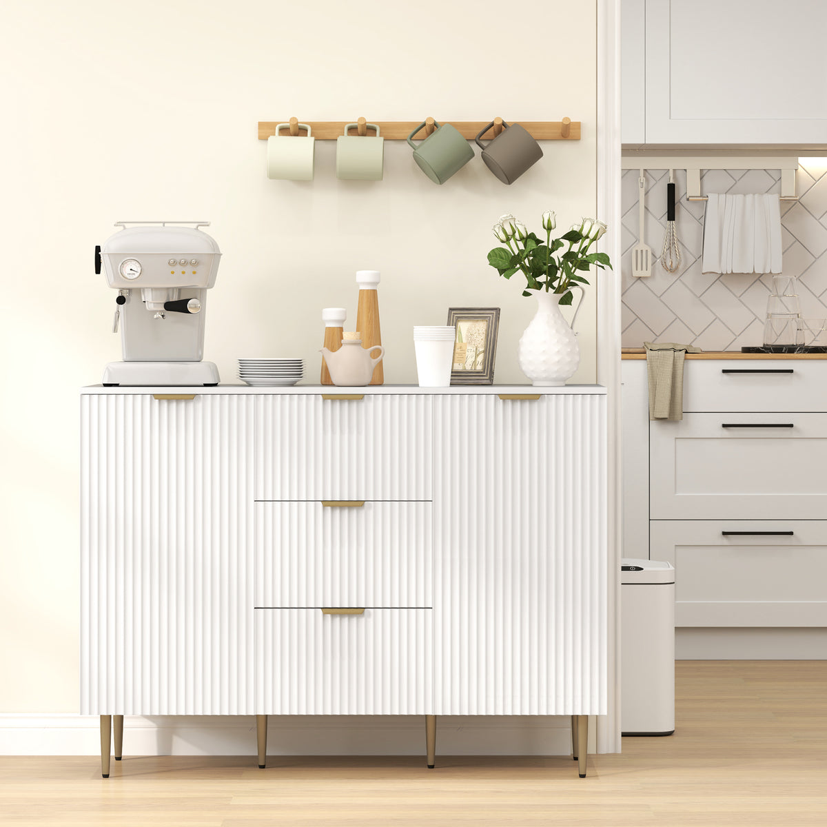 2-Door Sideboard with 3 Drawers and Adjustable Shelves - White