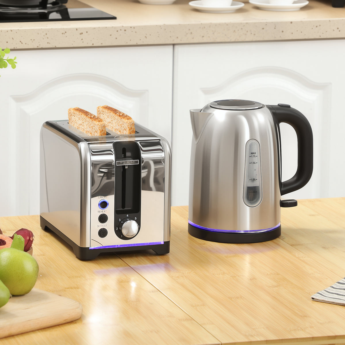 Simple Polished Toaster and Kettle Set - Silver Tone