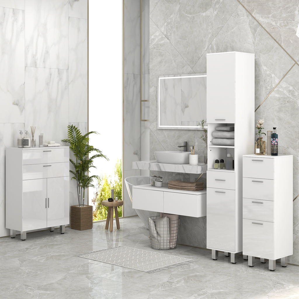 kleankin 71" Tall Slim Bathroom Storage Cabinet, Tall Narrow Cupboard with Drawer, Open Shelves, 2 Doors Cabinets and Adjustable Shelves for Kitchen, Hallway, Living Room, High Gloss White