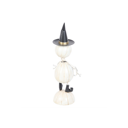 White Metal Pumpkin Man Ornament with Witch Hat