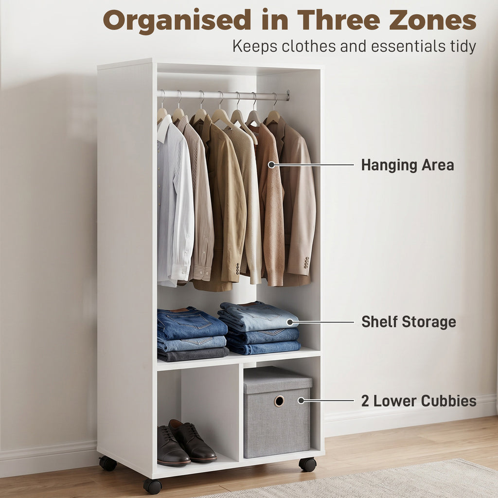 Open Wardrobe on Wheels, Bedroom Wardrobe with Clothes Hanging Rail, 2 Storage Shelves, Mobile Garment Rack for Cloakroom, Hallway, White