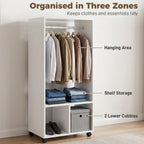 Open Wardrobe on Wheels, Bedroom Wardrobe with Clothes Hanging Rail, 2 Storage Shelves, Mobile Garment Rack for Cloakroom, Hallway, White