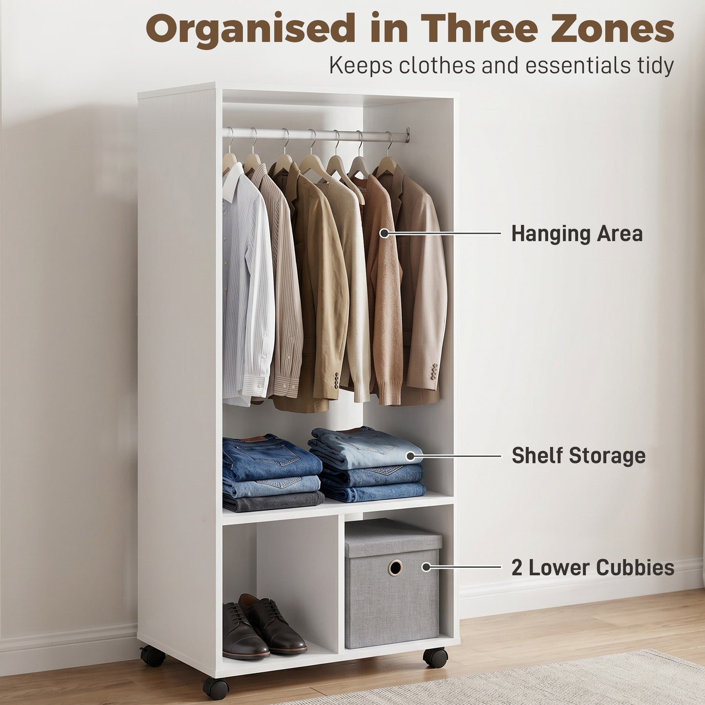 Open Wardrobe on Wheels, Bedroom Wardrobe with Clothes Hanging Rail, 2 Storage Shelves, Mobile Garment Rack for Cloakroom, Hallway, White