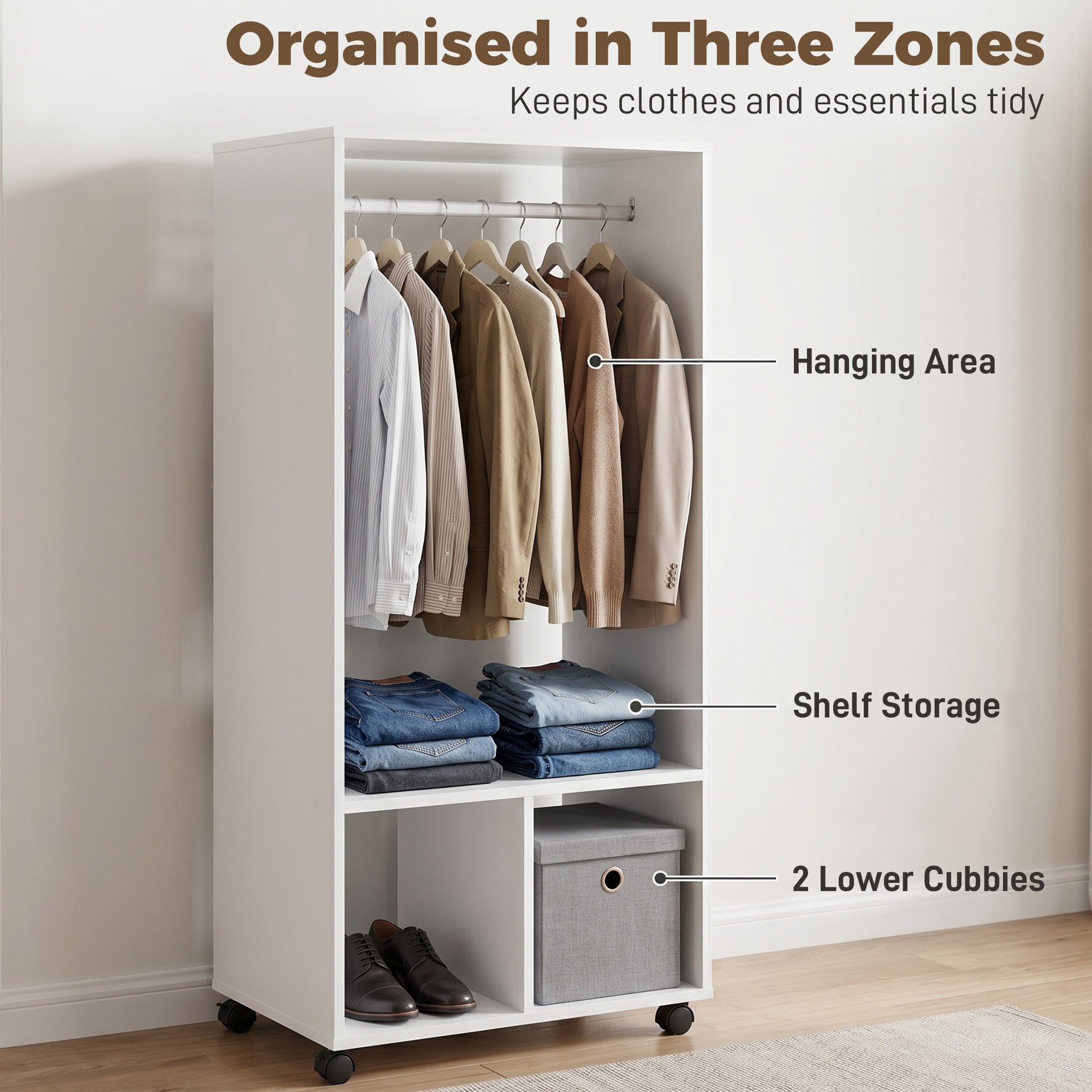 Open Wardrobe on Wheels, Bedroom Wardrobe with Clothes Hanging Rail, 2 Storage Shelves, Mobile Garment Rack for Cloakroom, Hallway, White