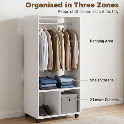Open Wardrobe on Wheels, Bedroom Wardrobe with Clothes Hanging Rail, 2 Storage Shelves, Mobile Garment Rack for Cloakroom, Hallway, White