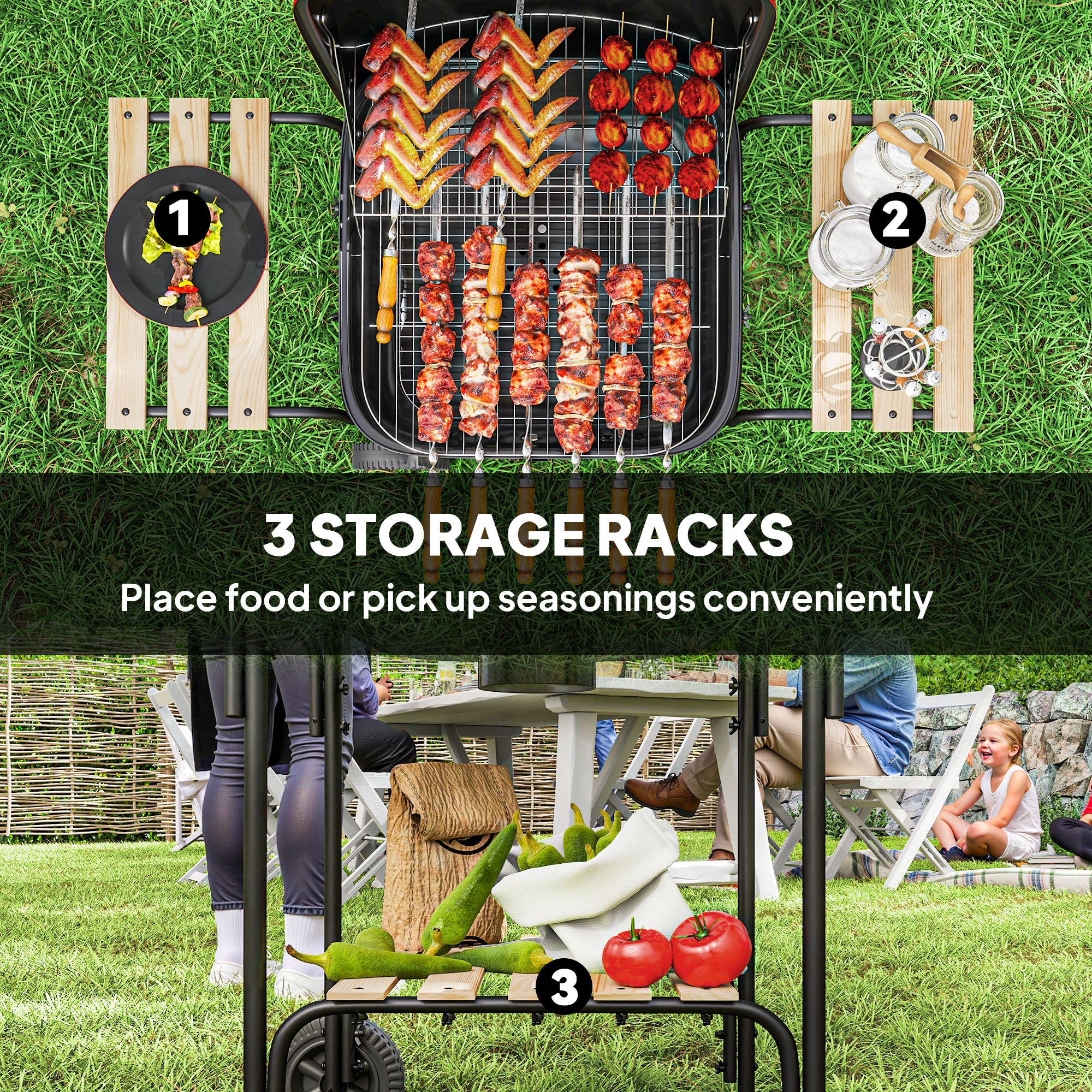 Outsunny Charcoal Barbecue Grill Portable BBQ Grill with 1840 cm² Cooking Area, 3 Shelves, Adjustable Vent, Lockable Lid, Wheels for Outdoor Cooking, Garden Party, Red