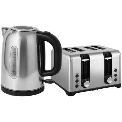 Kettle and Toaster Set, 1.7L 3000W Rapid Boil Jug Kettle with Otter Thermostat, Limescale Filter, 4 Slice Toaster with 7 Browning Controls, Crumb Tray, LED Strip, Silver Tone