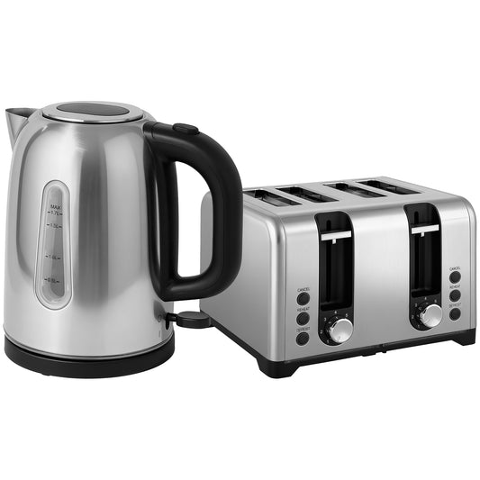 Kettle and Toaster Set, 1.7L 3000W Rapid Boil Jug Kettle with Otter Thermostat, Limescale Filter, 4 Slice Toaster with 7 Browning Controls, Crumb Tray, LED Strip, Silver Tone