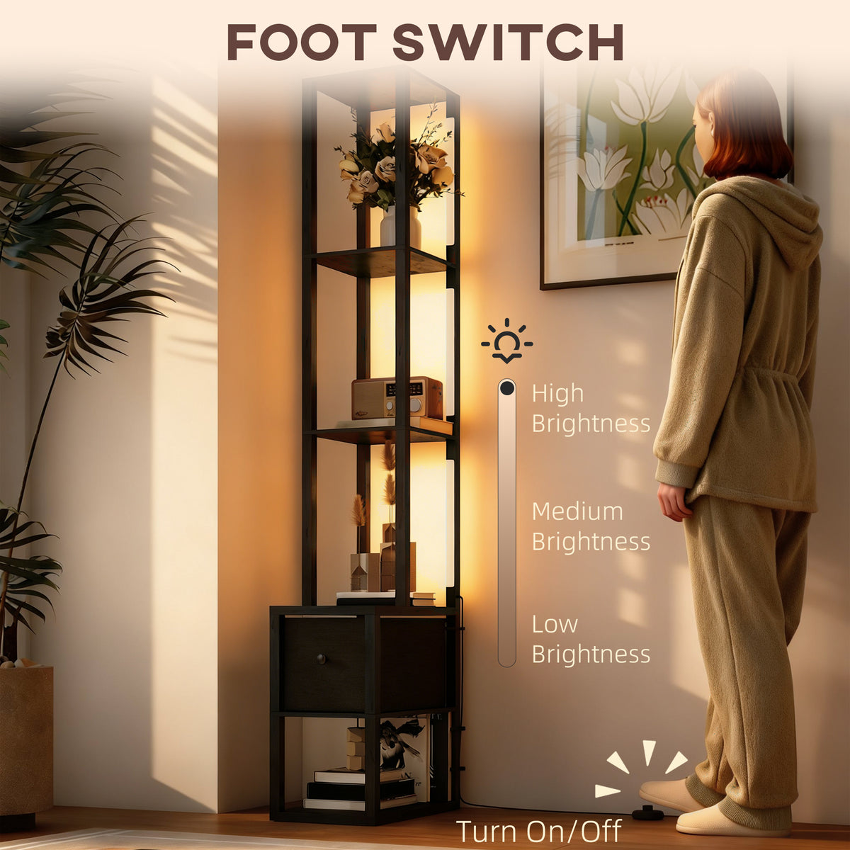 Floor Lamp with Shelves, LED Column Modern Standing Lamp with Fabric Drawer, Adjustable Brightness, Foot Switch for Living Room, Bedroom, Office, Black