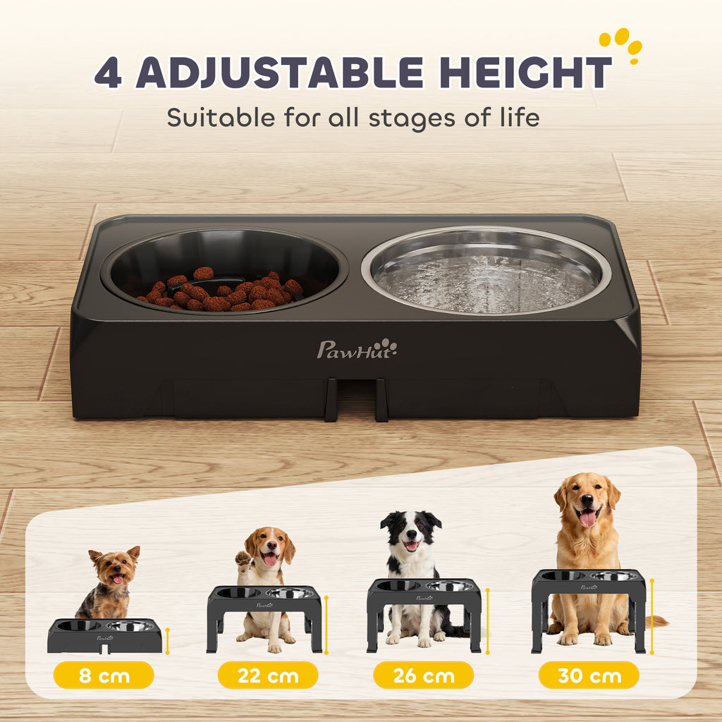 PawHut Raised Dog Bowl, Foldable Elevated Dog bowls with Slow Feeder, 4 Adjustable Heights, for Small Medium Large Breeds