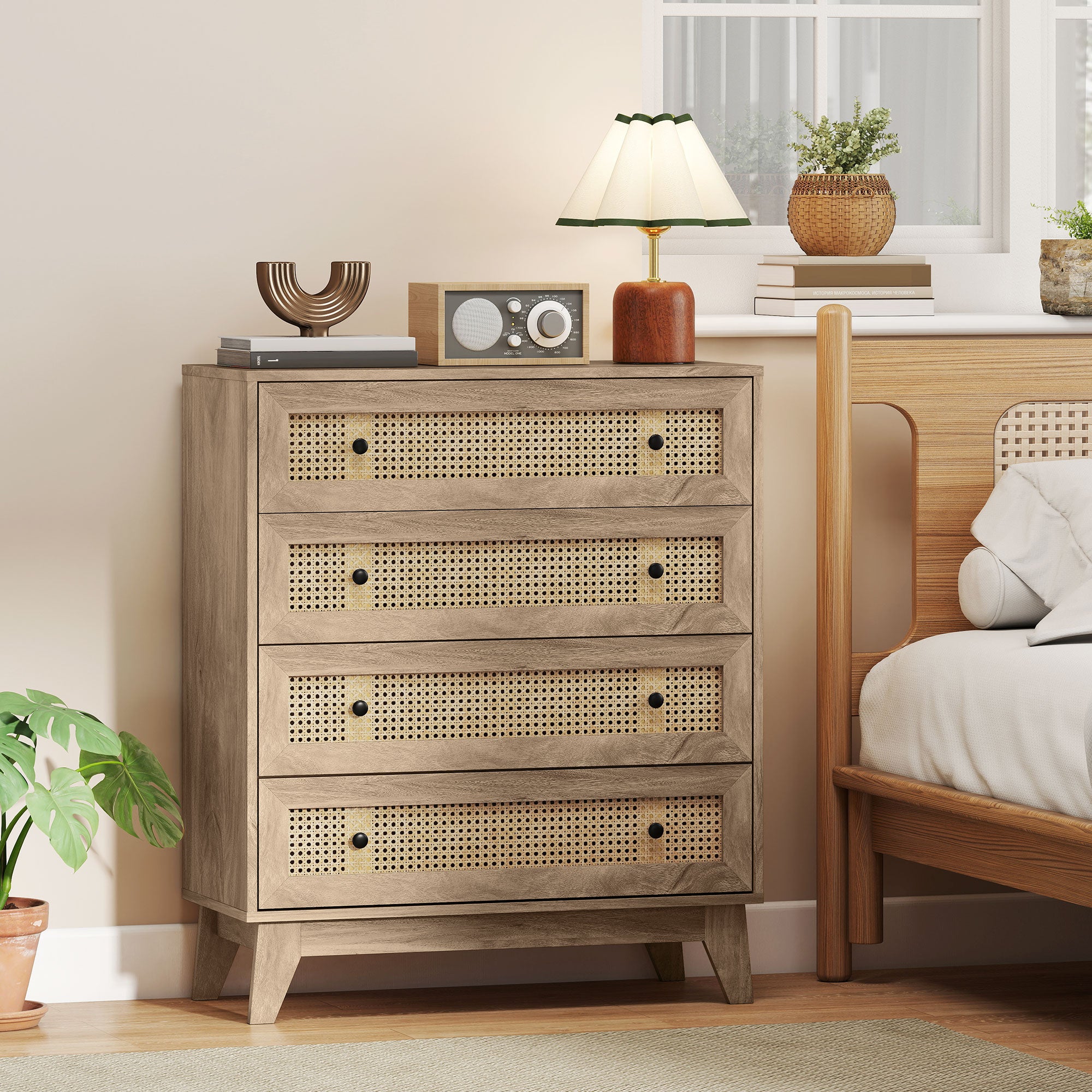 HOMCOM Storage Cabinet, 4-Drawer Unit with Rattan Element for Bedroom, Living Room, 80cmx35cmx95cm, Wood Effect
